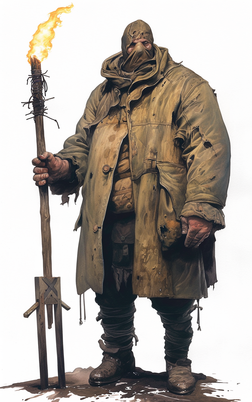 A masked Torch Deacon holding a wrapped torch and wearing a mud-stained heavy coat.