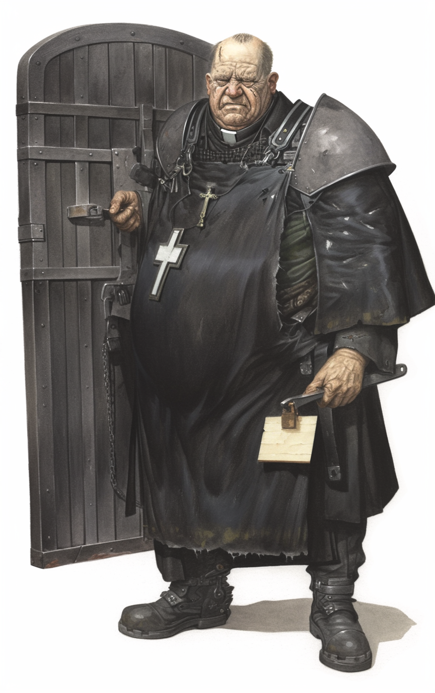 Sir Caldran Mott, a penitent breach-knight, bearing heavy entry tools.