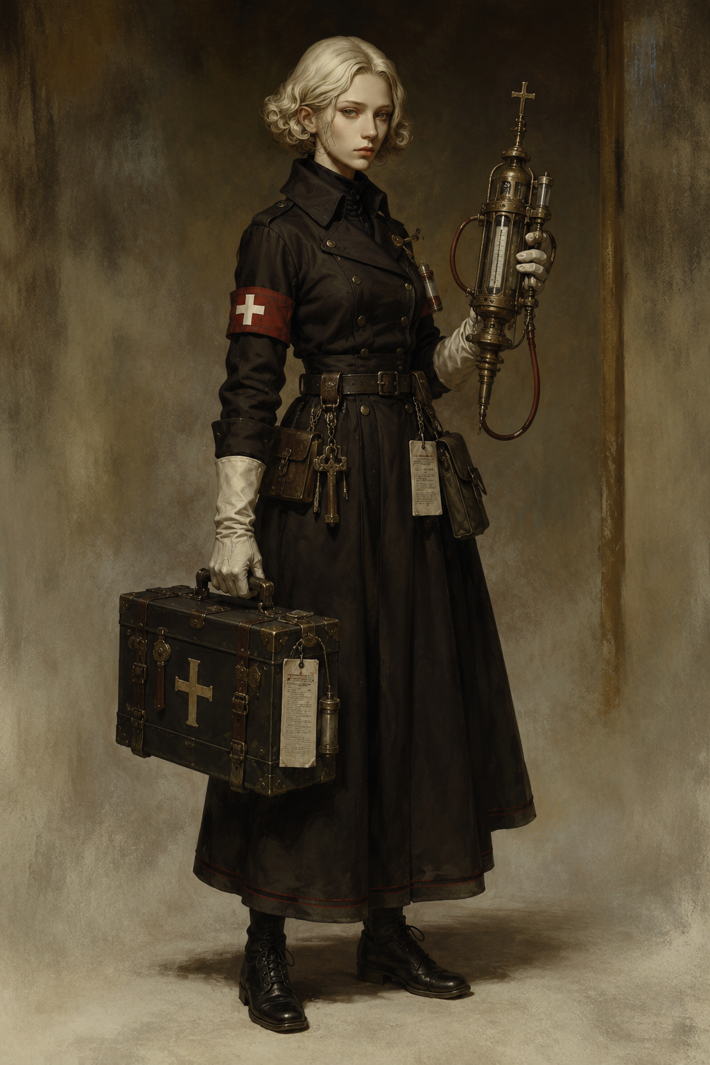 Surgeon Aveline Hush carrying emergency medical instruments in the field.
