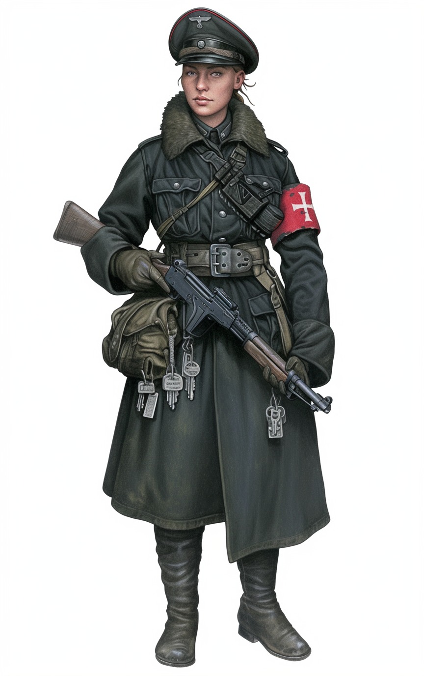 Gate Carbineer Lysa Rell guarding a civic entry point with a carbine.