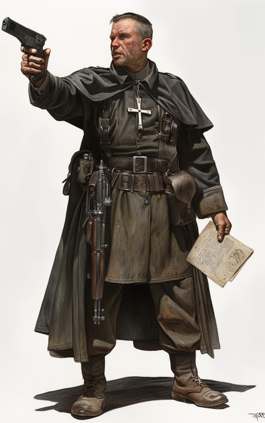 A field warrant agent holding a sidearm, rifle, and case file.