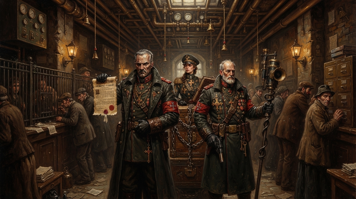 Three armed Synod Task Force officers entering a crowded petition hall beneath bells, lamps, and filing cabinets.