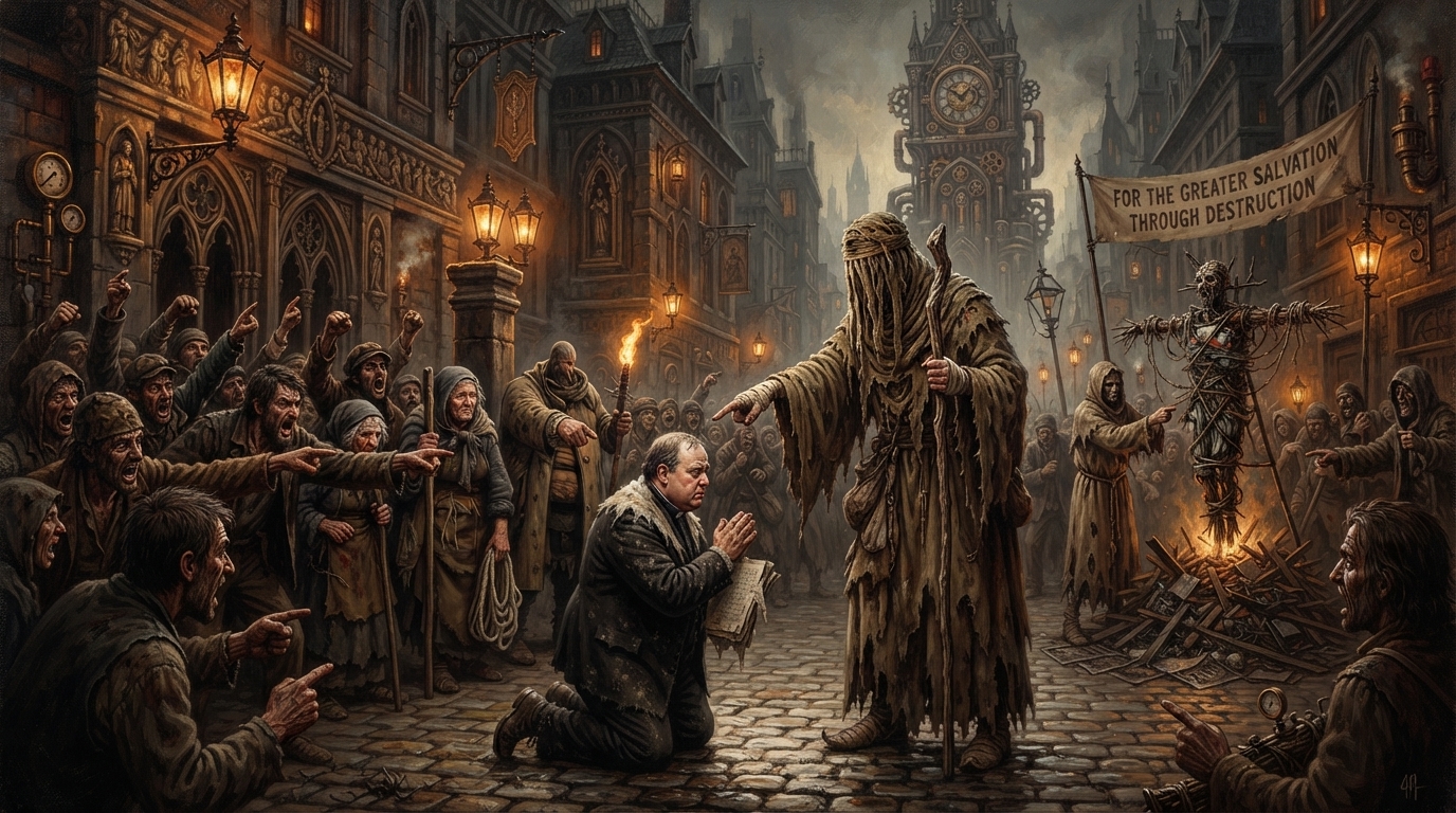 The Ragged Host holds an unsanctioned public judgment in a clockwork Gothic street, a petitioner kneeling before a rag-clad witness and burning effigy.