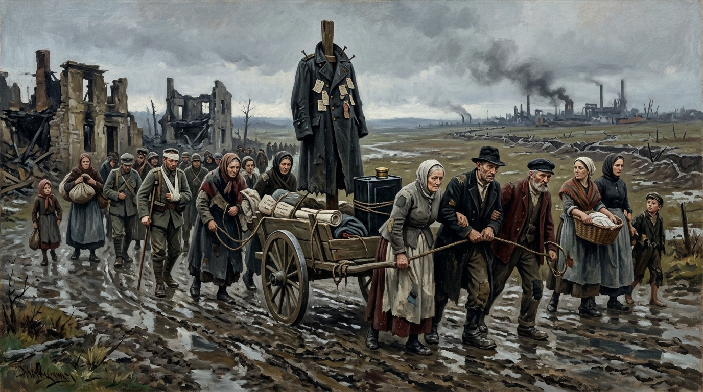 The Ragged Host pulls an oil cart and officer effigy through muddy ruins, carrying witness rolls past a devastated industrial horizon.