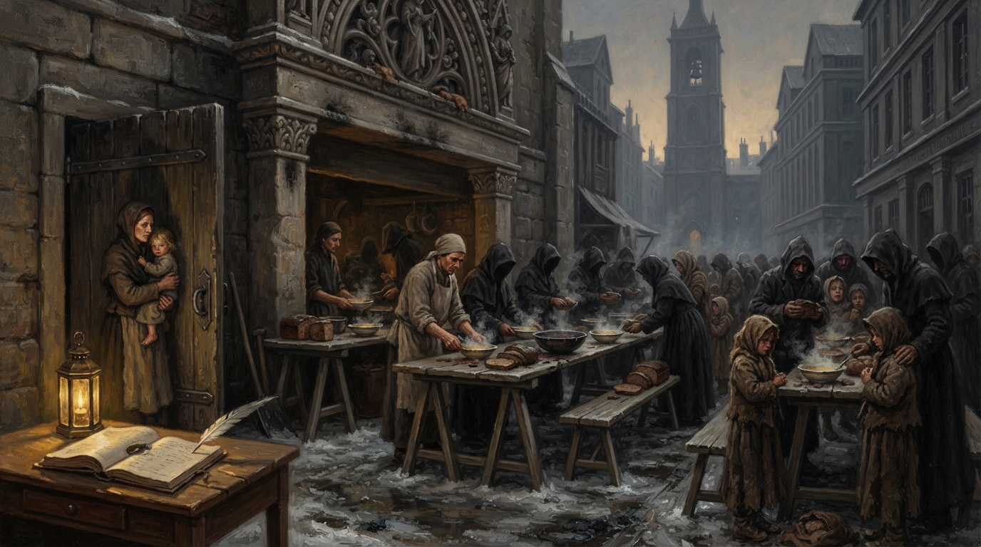 The Ashen Ascension serves hot food from an open street kitchen while hooded helpers and hungry families gather beneath a bell tower.