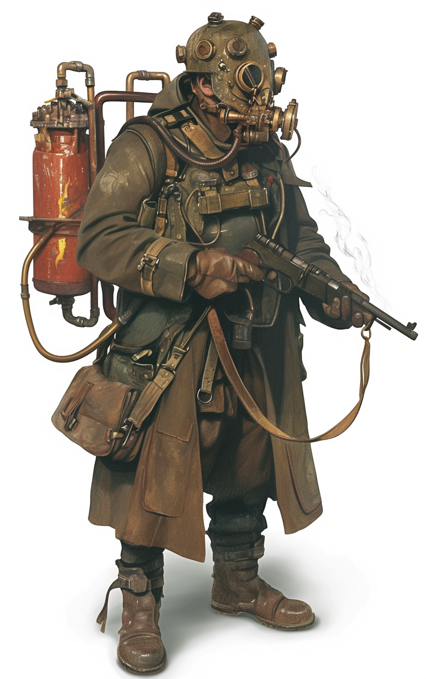 A Firestarter carrying controlled-burn tools through an industrial freight district.