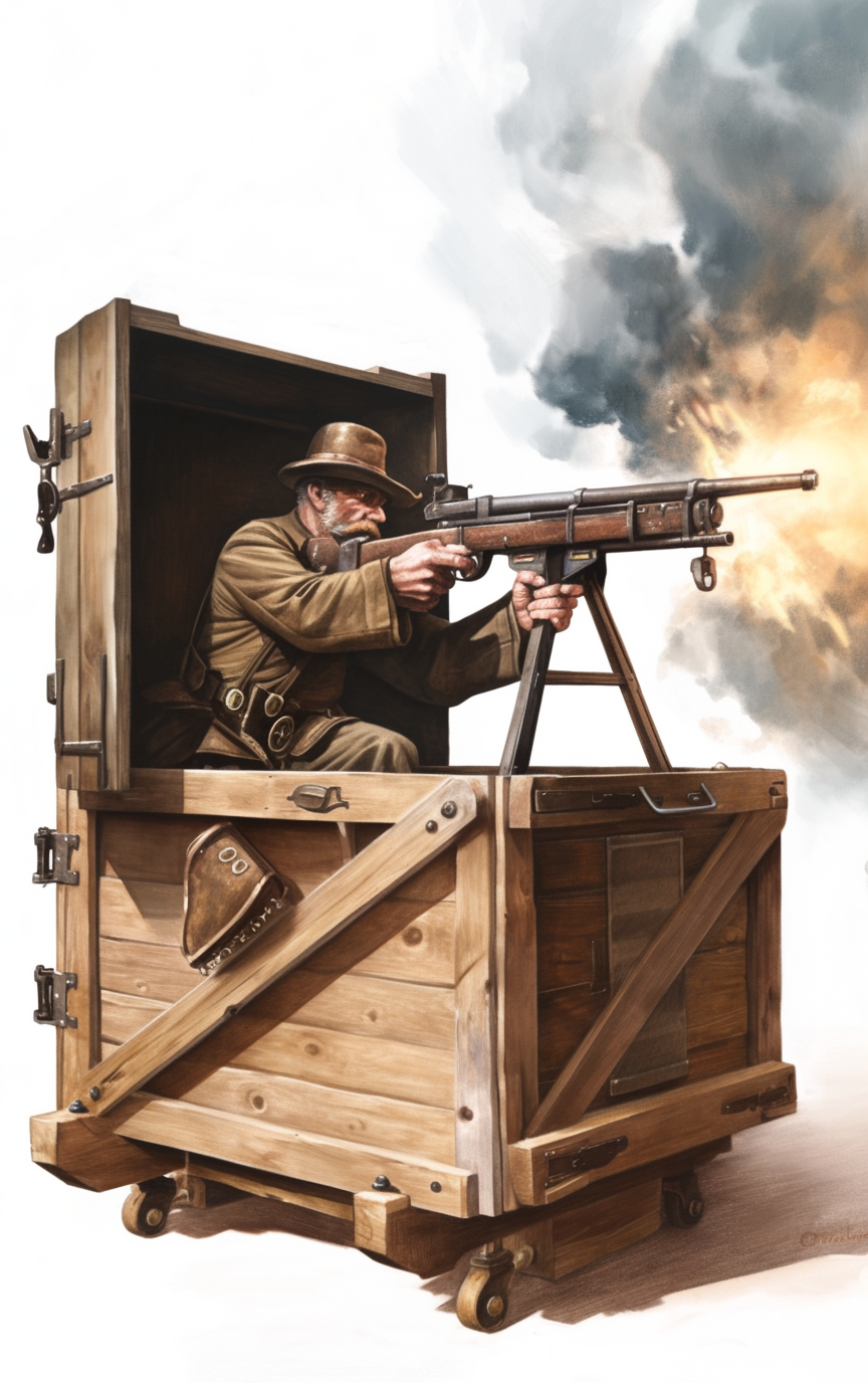 A Crate Gunner concealed among freight with a braced heavy weapon.