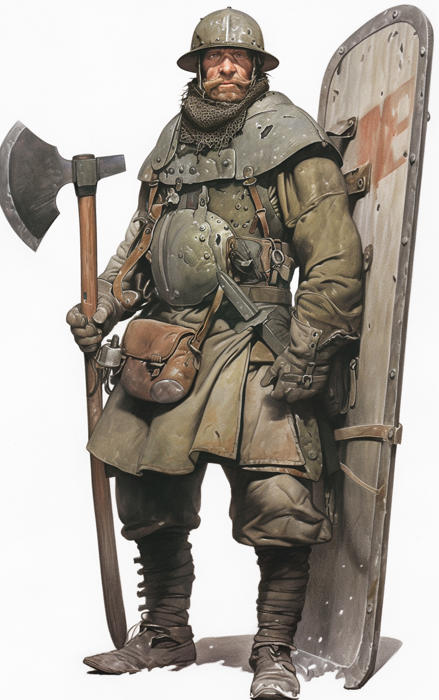 A Strongarm defending a narrow passage with a heavy shield and dockworker's stance.