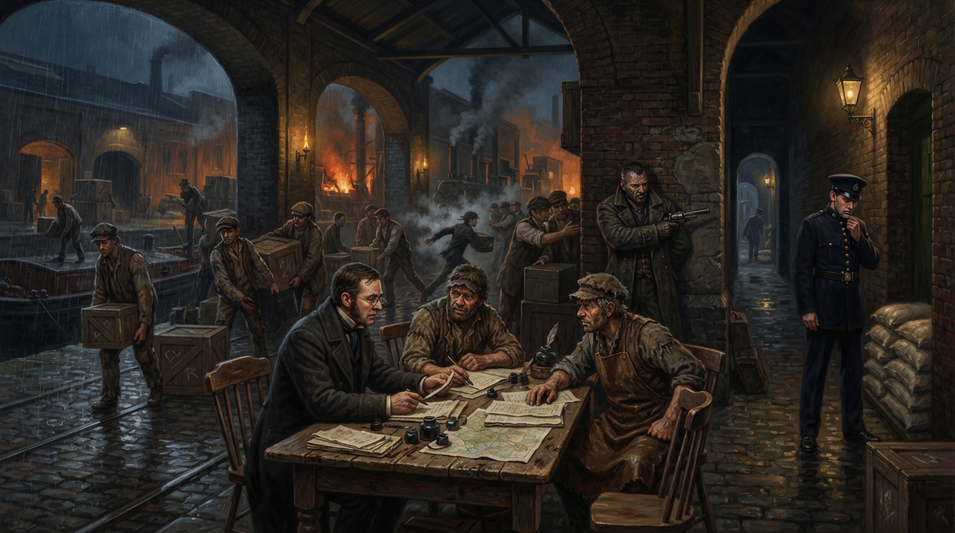 The Smuggler's Syndicate conducts a freight-bay negotiation while porters move crates, an enforcer holds the arch, and an inspector watches from the rain.