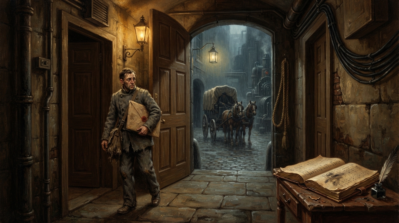 A Shadow Detail courier carries a sealed folio through an unlisted service corridor as a covered wagon waits in the rain.