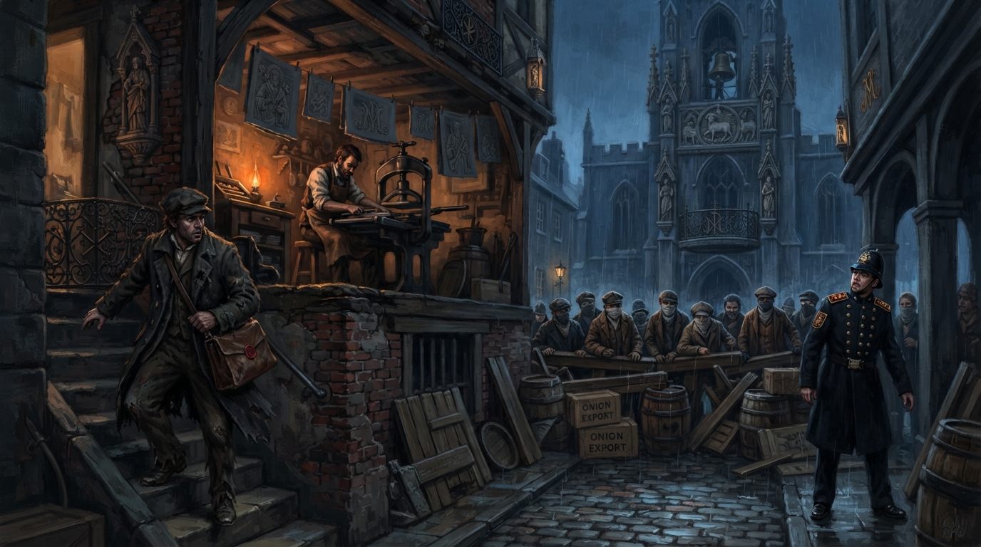 An Underground courier leaves a hidden press loft while a masked barricade faces a Watch officer in a rain-dark civic lane.