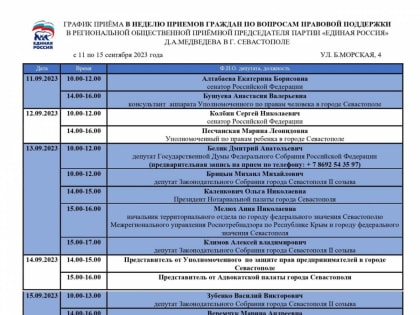График приемов граждан в рамках Недели приемов по вопросам правовой поддержки с 11 по 15 сентября 2023 года