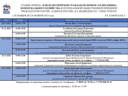 График приемов граждан в рамках Недели приемов по вопросам ЖКХ со 20 по 24 ноября 2023 года
