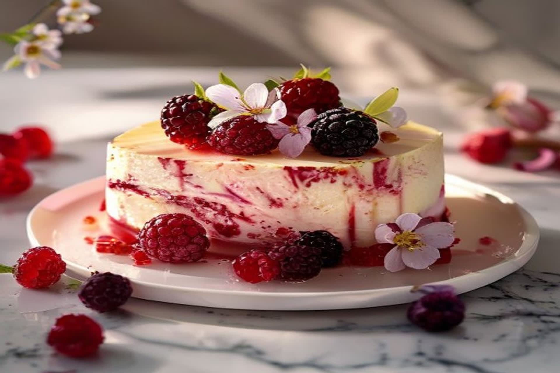 Variedad de postres aesthetic decorados con flores y colores pastel en una mesa de mármol