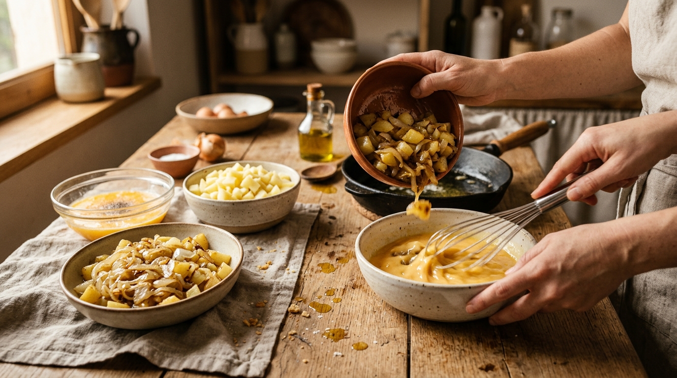 Preparación de Tortilla de patatas con cebolla