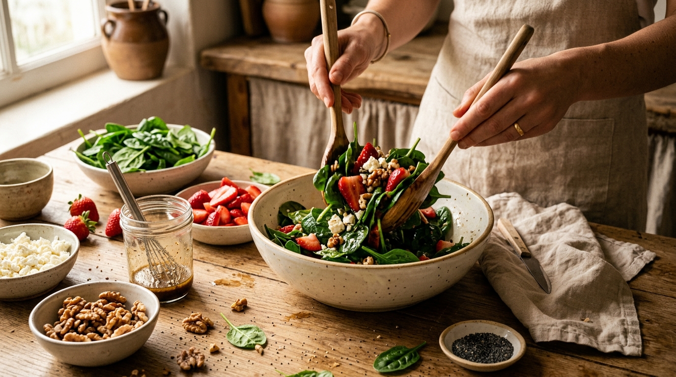 Ensalada de Espinacas y Fresas con Queso de Cabra y Nueces - Una receta deliciosa de RecetaGenial.com