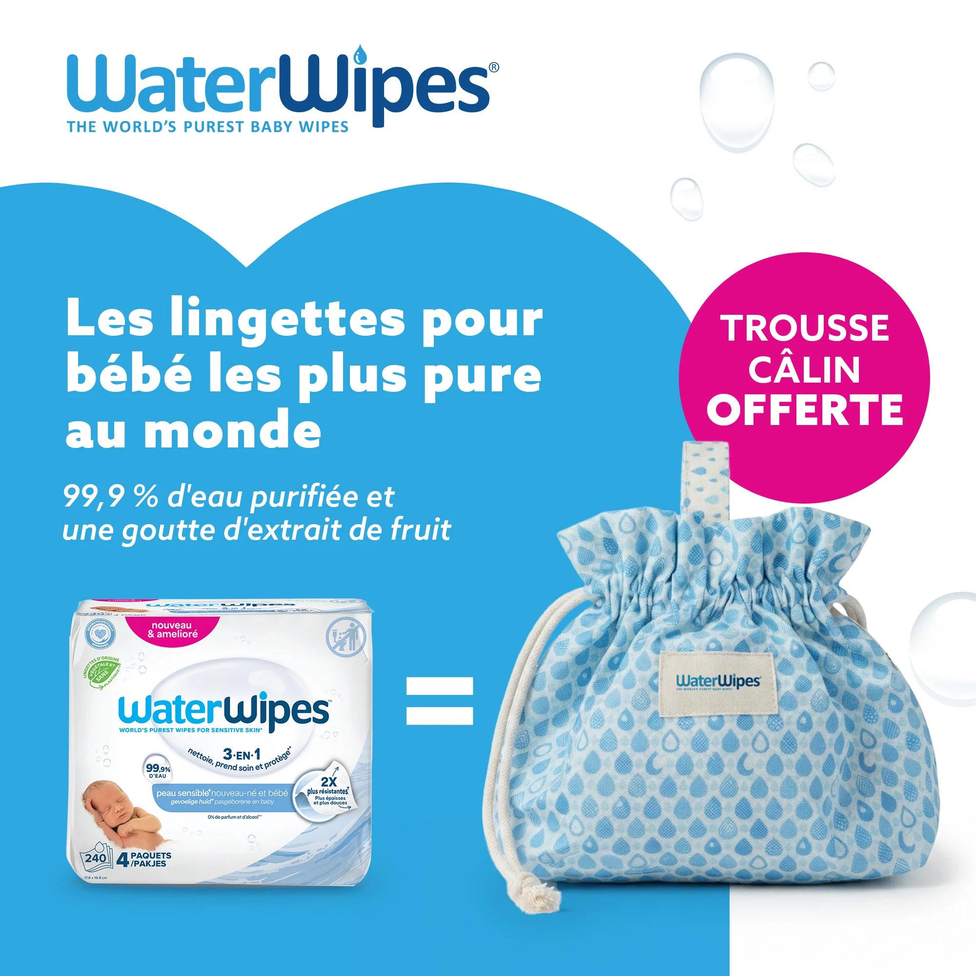 Water Wipes Pack Lingettes bébé 4×60 unités - image 2