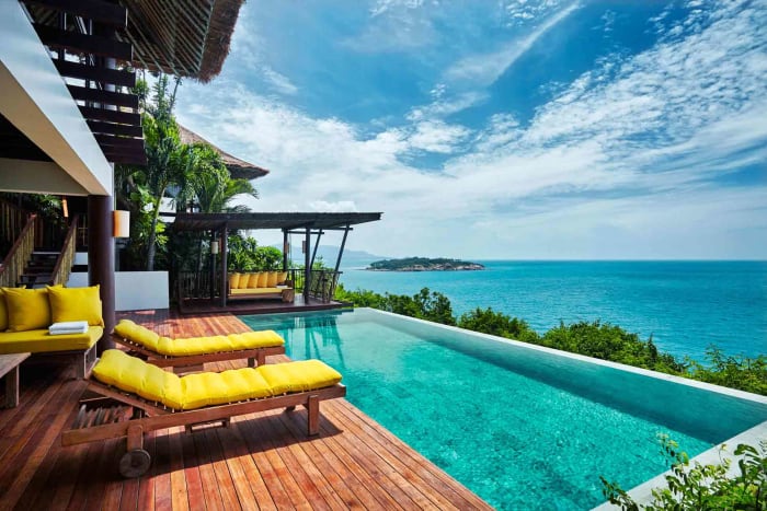 Six Senses Samui Thailand hilltop ceremony venue overlooking Gulf of Thailand at sunset — Panigrahana