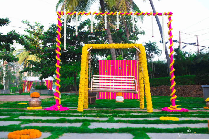 Panchavati The Pavilion Bangalore large wedding lawn venue with decorated stage and mandap — Panigrahana