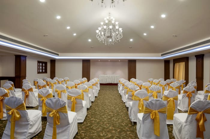 Aloft Goa Candolim hotel wedding dinner banquet setup with modern decor — Panigrahana