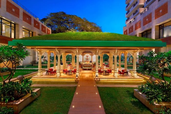 ITC Gardenia Bengaluru grand ballroom reception decorated for Indian wedding — Panigrahana