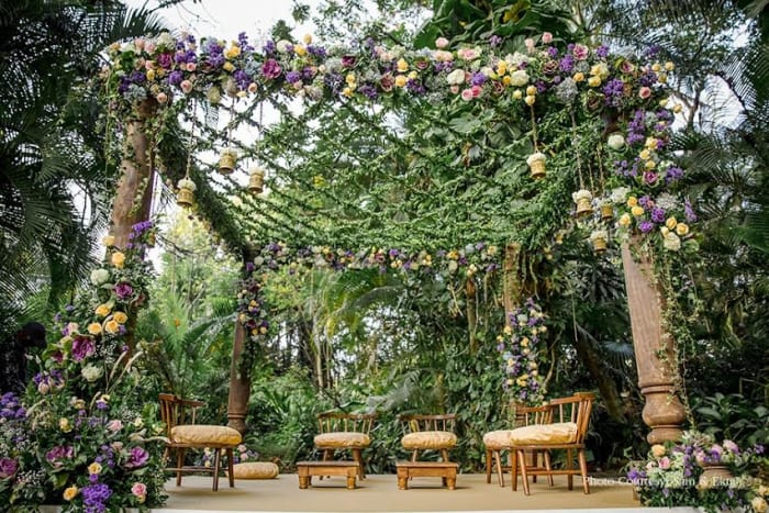 ITC Gardenia Bengaluru pre-function area set for sangeet stage with lights and drapes — Panigrahana