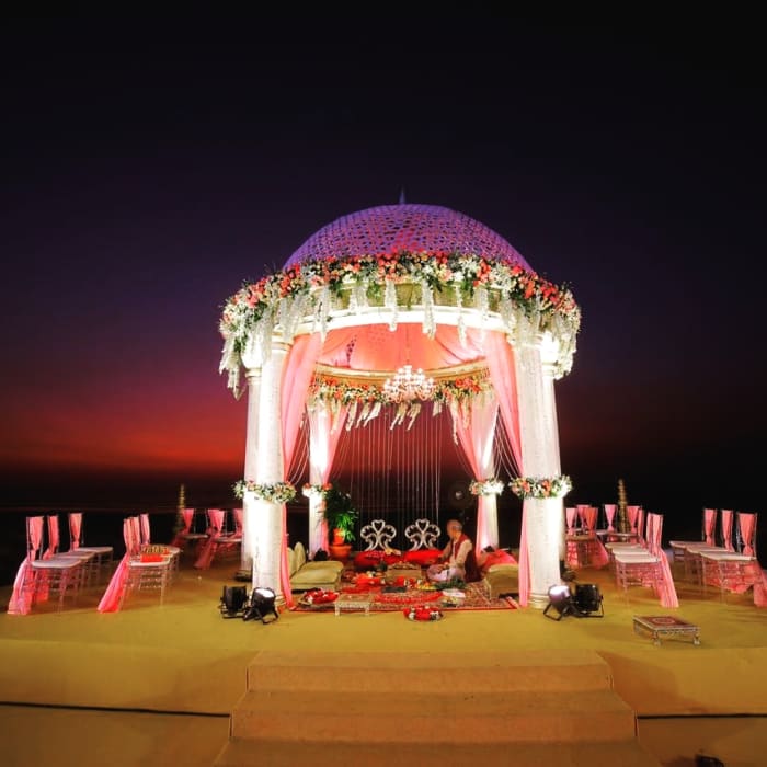 The Leela Goa Coconut Grove ceremony space decorated for Indian wedding — Panigrahana