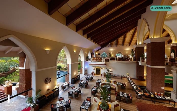Caravela Beach Resort Goa wedding reception banquet hall decorated for Indian wedding — Panigrahana