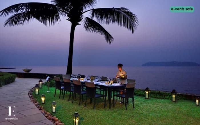 Goa Marriott Resort Spa ballroom reception hall decorated for grand Indian wedding — Panigrahana