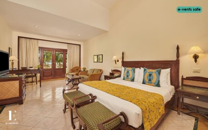 The LaLiT Goa resort pool and garden area decorated for wedding reception — Panigrahana