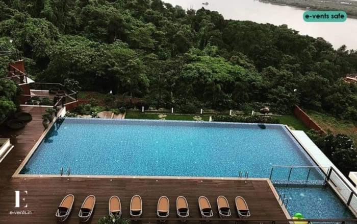 DoubleTree Panaji Goa resort exterior and Miramar beachfront at sunset — Panigrahana