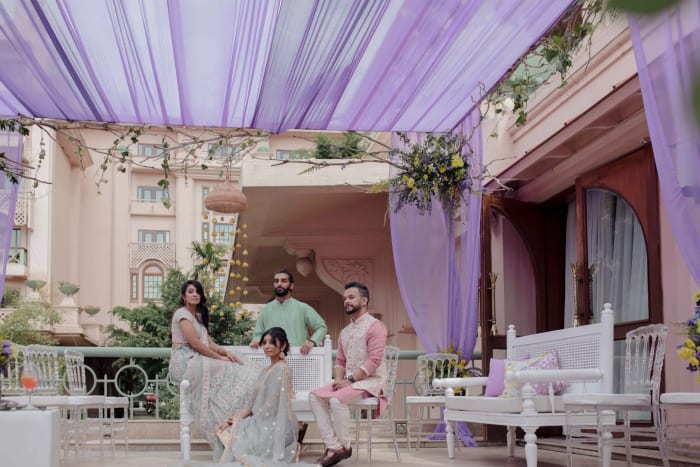 The Ritz-Carlton Bangalore wedding ceremony setup with floral arch and elegant seating Bangalore — Panigrahana
