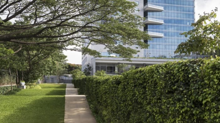 Four Seasons Bengaluru lush green garden and pool landscape for luxury wedding in Bangalore — Panigrahana