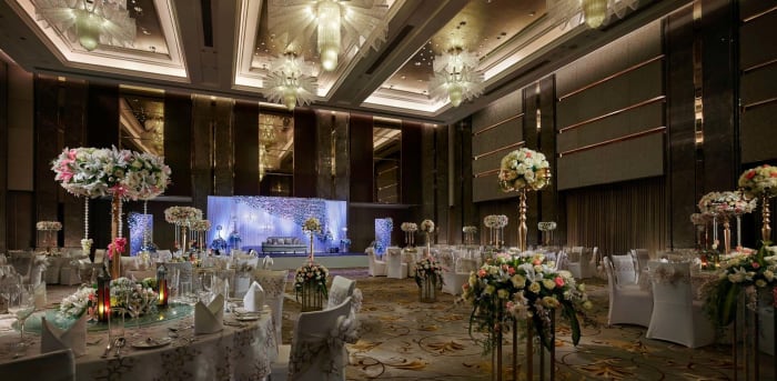 Shangri-La Hotel Bengaluru grand ballroom decorated for Indian wedding reception Bangalore — Panigrahana
