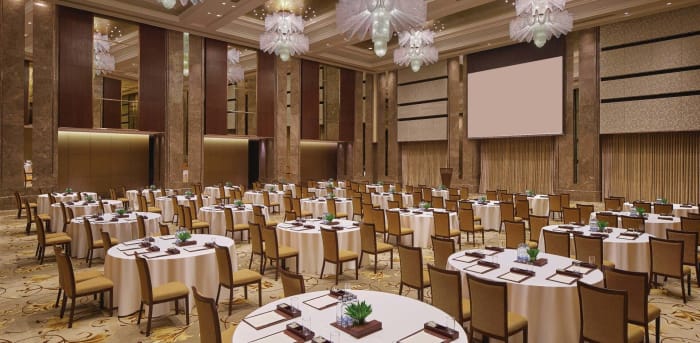 Shangri-La Hotel Bengaluru Skydeck terrace event space with Bangalore Palace backdrop for weddings — Panigrahana