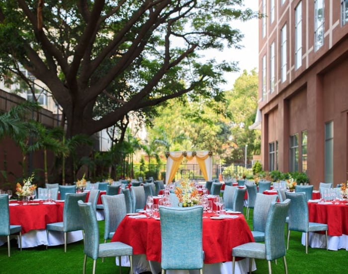 Renaissance Bengaluru Race Course Hotel outdoor lawn area decorated for wedding ceremony — Panigrahana