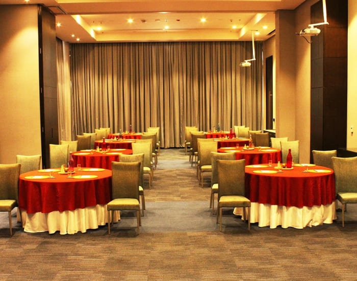 Renaissance Bengaluru Race Course Hotel meeting hall decorated for wedding event — Panigrahana