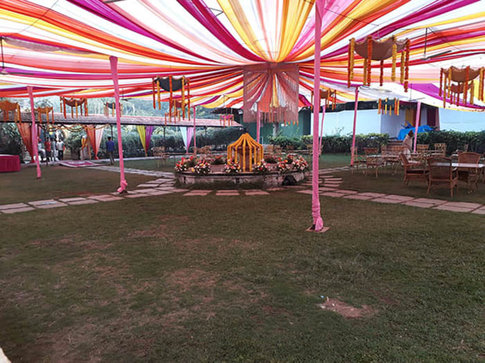 Jayamahal Palace Hotel Bangalore outdoor terrace decorated with fairy lights for sangeet celebration — Panigrahana