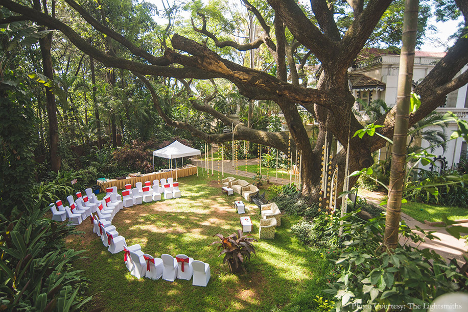 ITC Gardenia Bengaluru banquet hall set for large Indian wedding reception and dinner — Panigrahana