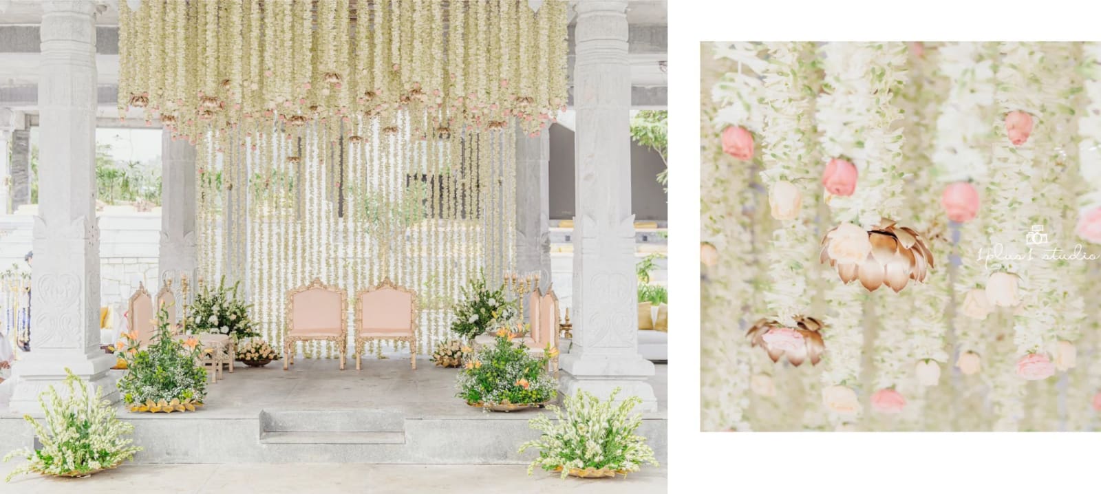 Amita Rasa heritage stone mandap with marigold and jasmine floral wedding decor, Nandi Hills — Panigrahana