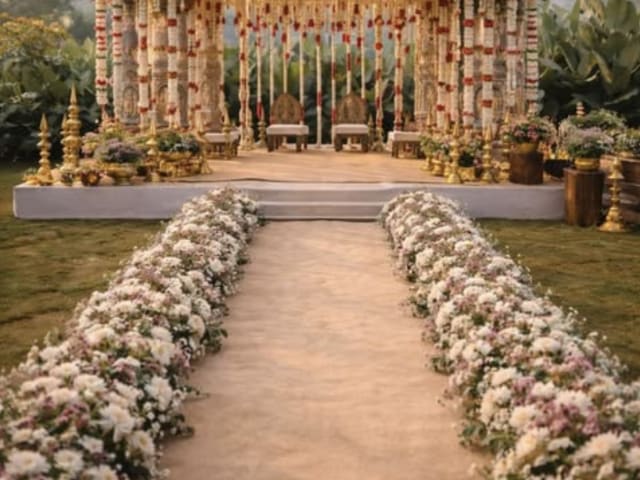 Grand red ceiling mandap with marigold strings — Panigrahana Weddings Bangalore