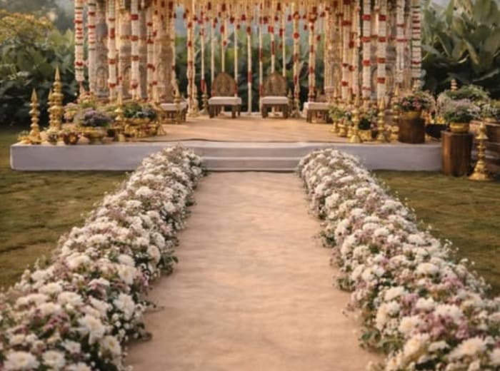 Grand red ceiling wedding mandap with thousands of hanging marigold strings