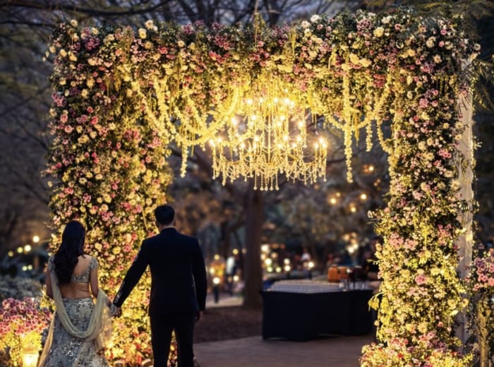 Bride and groom walking through chandelier-lit floral garden arch at dusk — Panigrahana decor