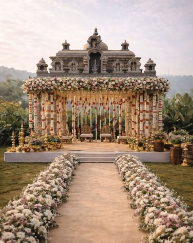 Grand red ceiling wedding mandap with thousands of hanging marigold strings and crystal chandelier — Indian wedding decor Panigrahana