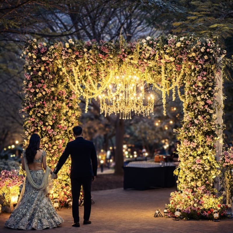 Bride and groom walking through chandelier-lit floral garden arch at dusk — luxury wedding decor by Panigrahana Weddings Bangalore