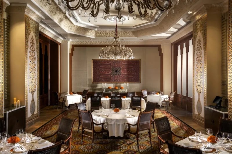 Chandelier reception hall at The Leela Palace Bangalore