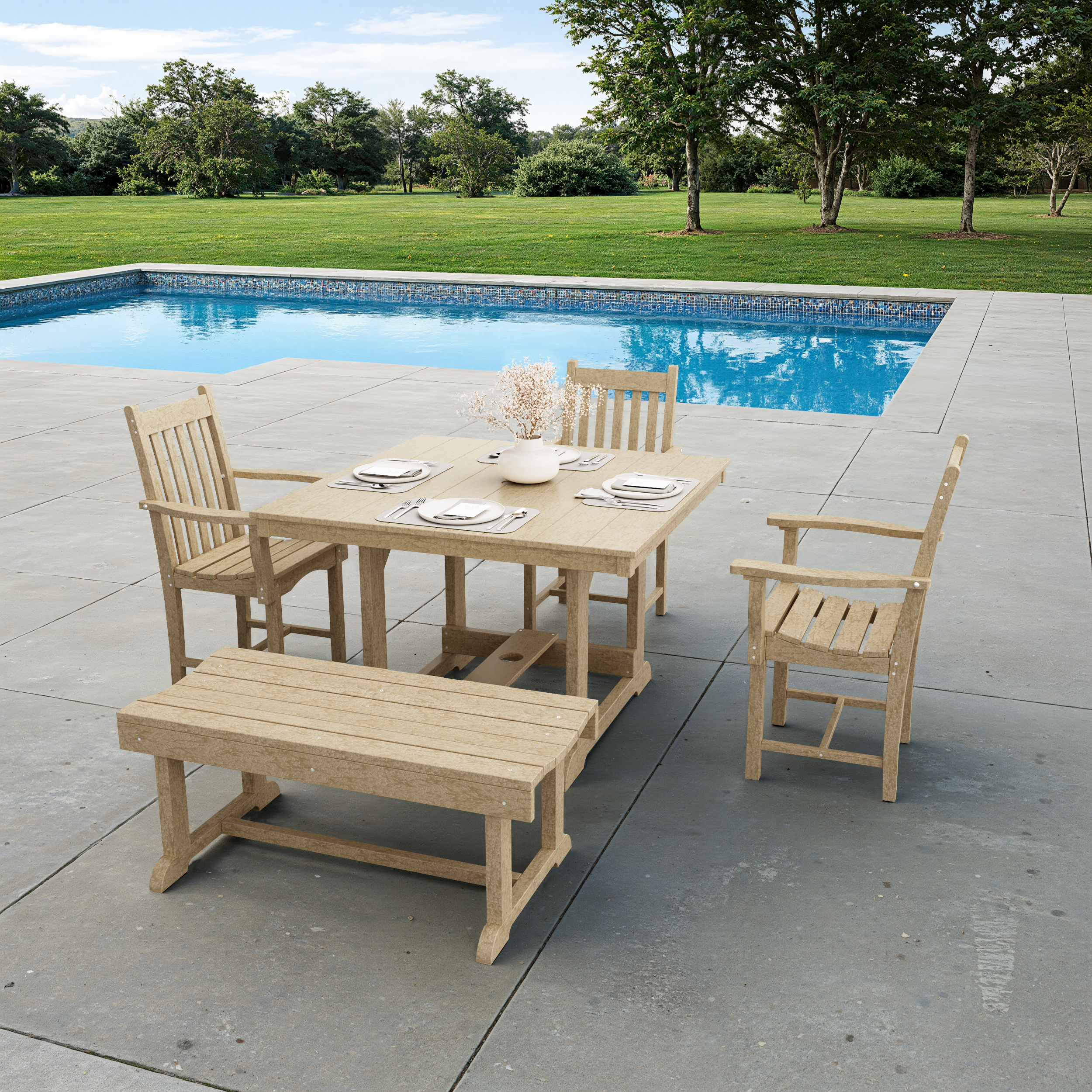 Classic 5-Piece Square Dining Set with Bench
