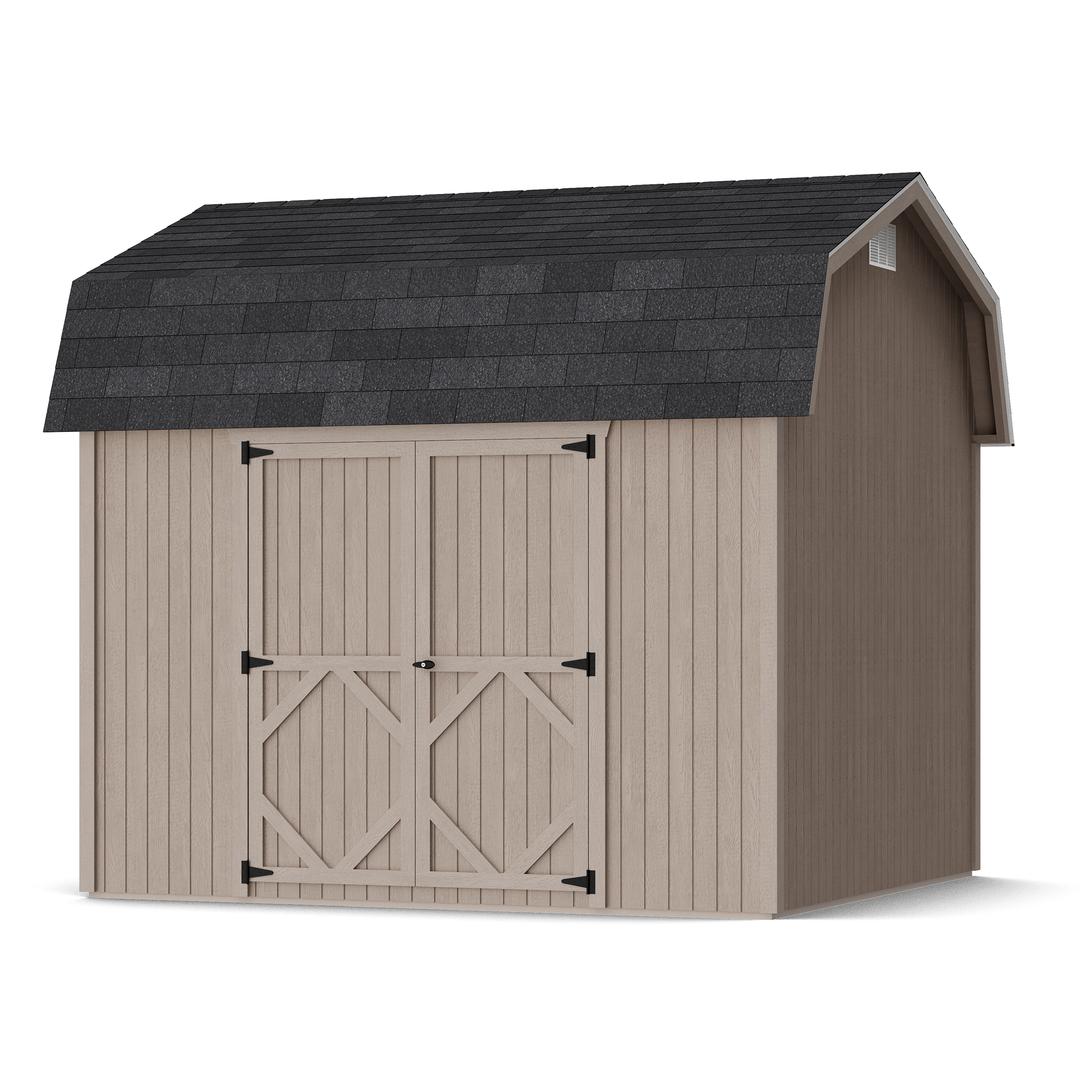 Rendering of Classic Gambrel 6' Barn Shed with Side Entry in assembly process ready to be painted.