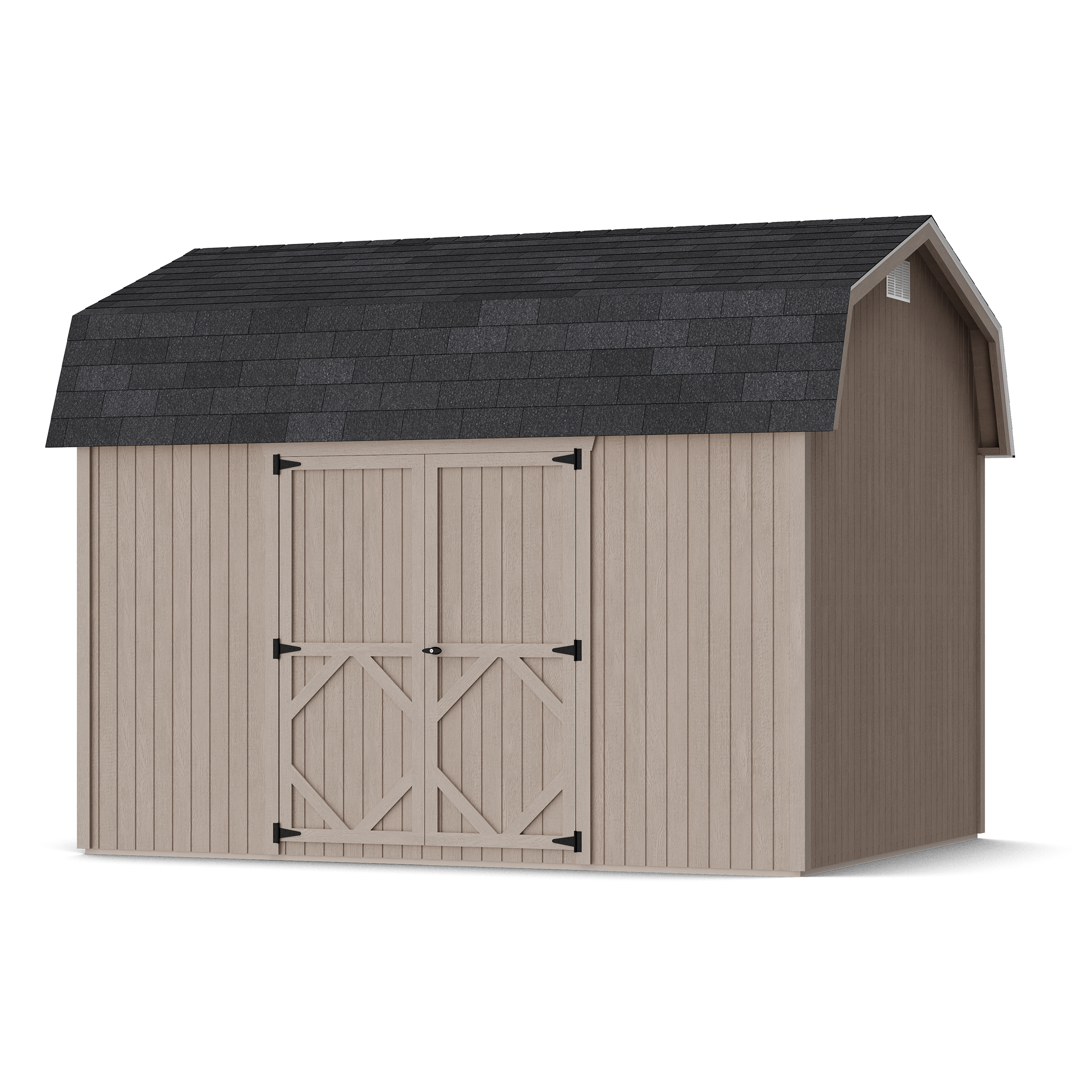 Rendering of Classic Gambrel 6' Barn Shed with Side Entry in assembly process ready to be painted.