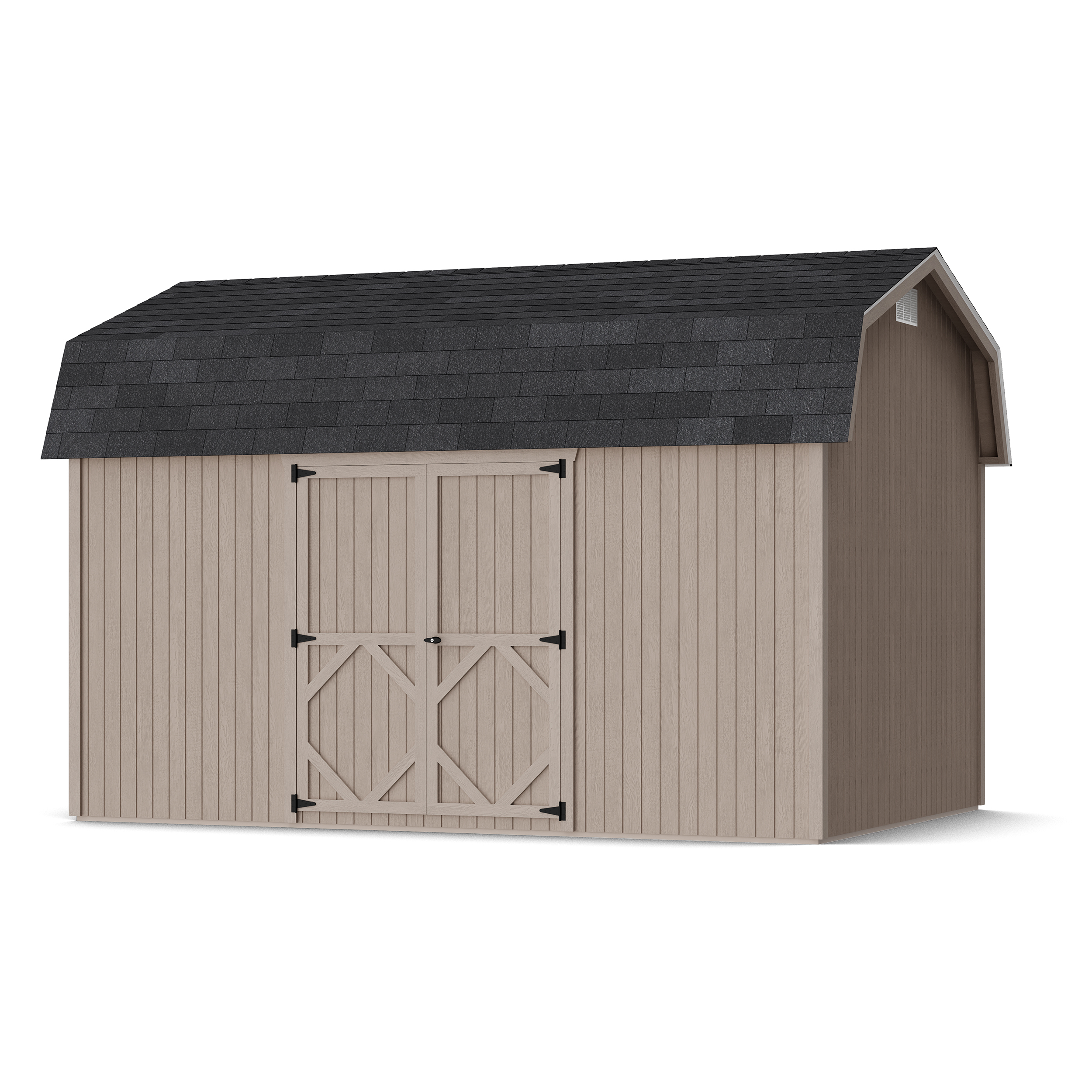 Rendering of Classic Gambrel 6' Barn Shed with Side Entry in assembly process ready to be painted.